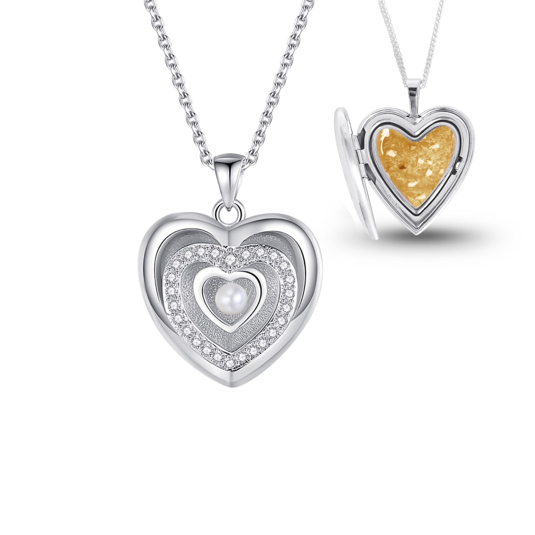 Triple Heart Ashes Locket with Crystals & Pearl