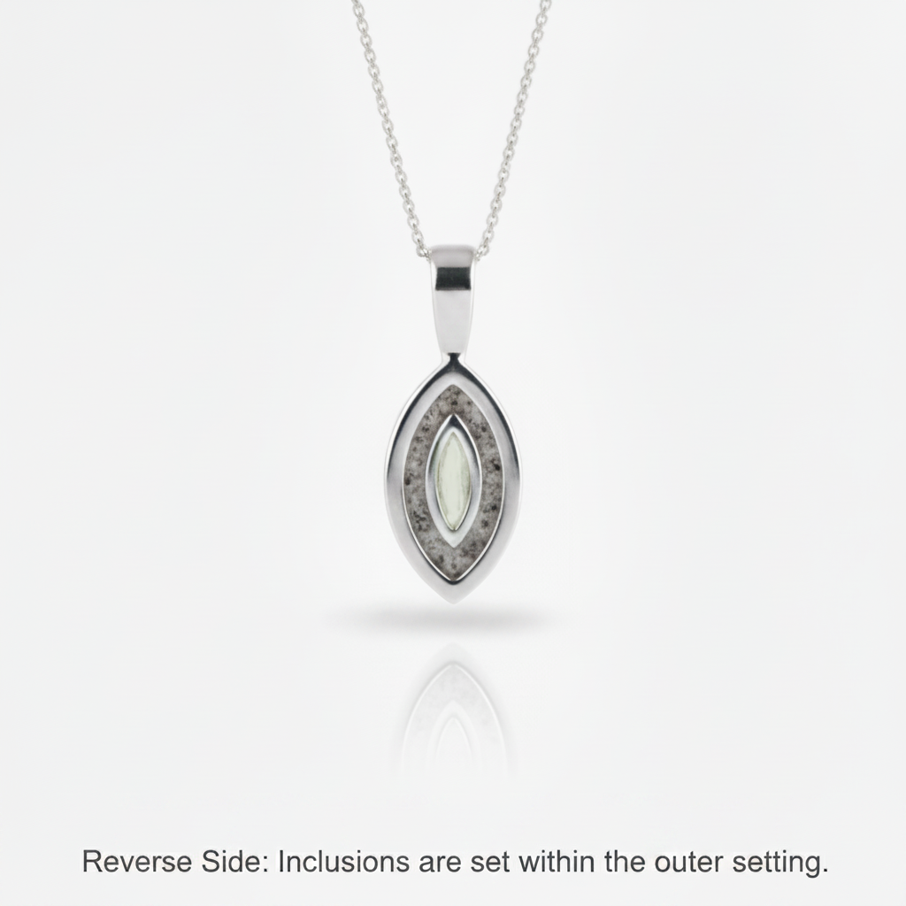 Ashes Jewellery Elegance Marquise  Memorial Necklace - reverse side showing ashes around the outer marquise setting