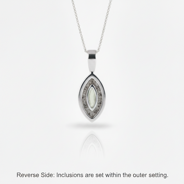 Ashes Jewellery Elegance Marquise  Memorial Necklace - reverse side showing ashes around the outer marquise setting