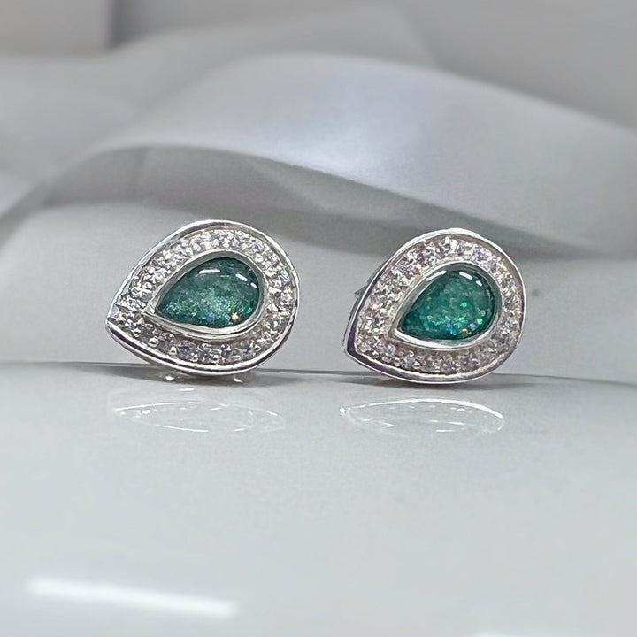 Green teardrop memorial ashes earrings with sparkling crystals 
