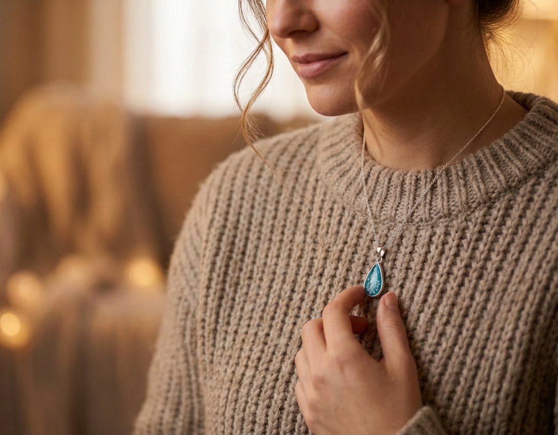 Memorial Ashes Remembrance Teardrop Necklace worn by a lady in memory of a loved one. Lady wears a thick wool jumper with a warm soft scene in winter glow at christmastime.