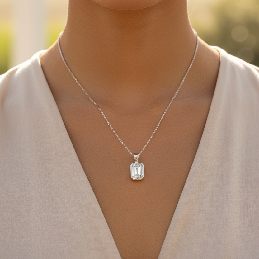 Woman wearing the elegance memorial jewellery ashes Emerald-cut necklace 