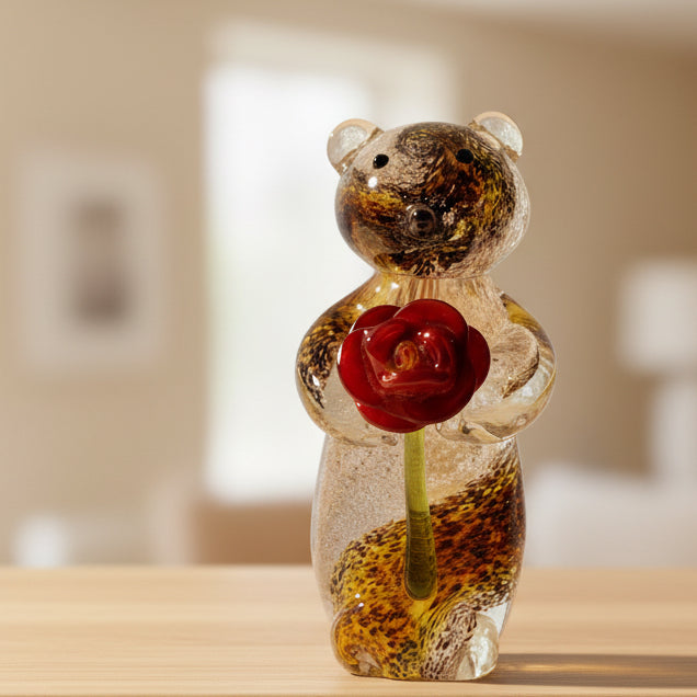 Ashes Glass Bear Holding Rose - Nicky Robin Memorial Jewellery