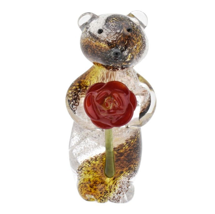 Ashes Glass Bear Holding Rose - Nicky Robin Memorial Jewellery