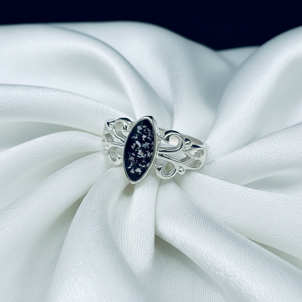 Celtic Marquise Memorial Ashes Ring made in black resin with ashes - Nicky Robin Memorial Jewellery