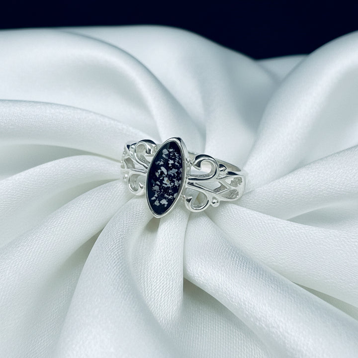 Celtic Marquise Memorial Ashes Ring made in black resin with ashes - Nicky Robin Memorial Jewellery