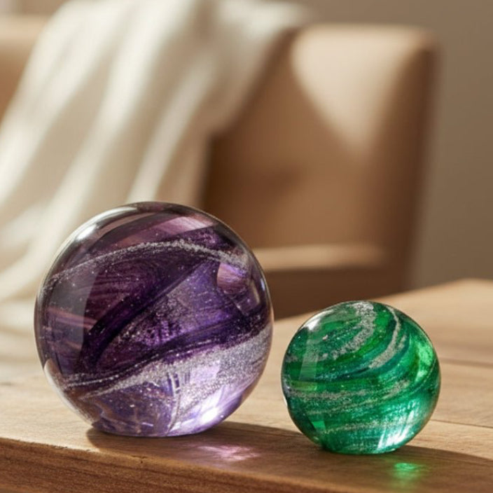 Cremation Ashes Round Blown Glass Paperweight - Nicky Robin Memorial Jewellery