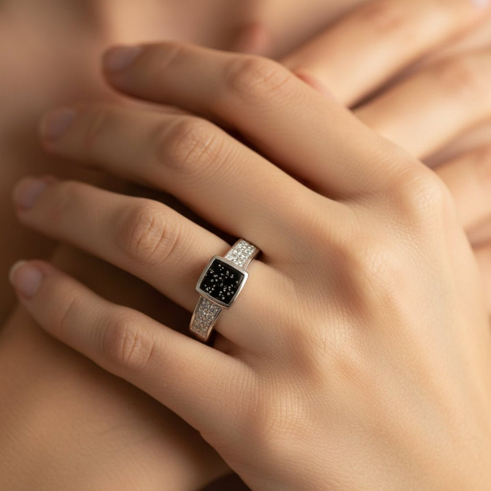 Dainty Square Memorial Ashes Ring with Crystals - Nicky Robin Memorial Jewellery