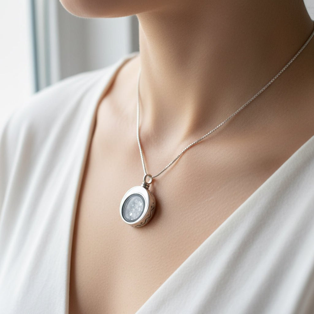 Floating Crystals Round Self Fill Memorial Ashes Necklace - Nicky Robin Memorial Jewellery