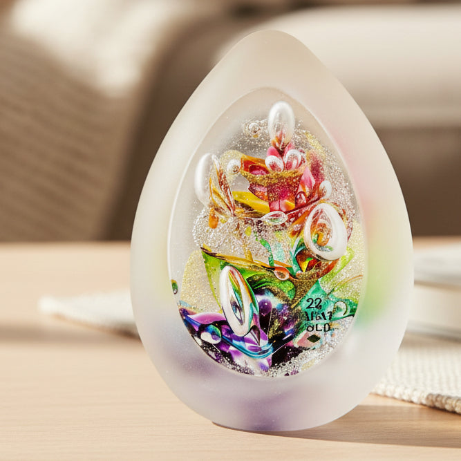 Frosted Oval Ashes Glass Paperweight with Inner Design - Nicky Robin Memorial Jewellery