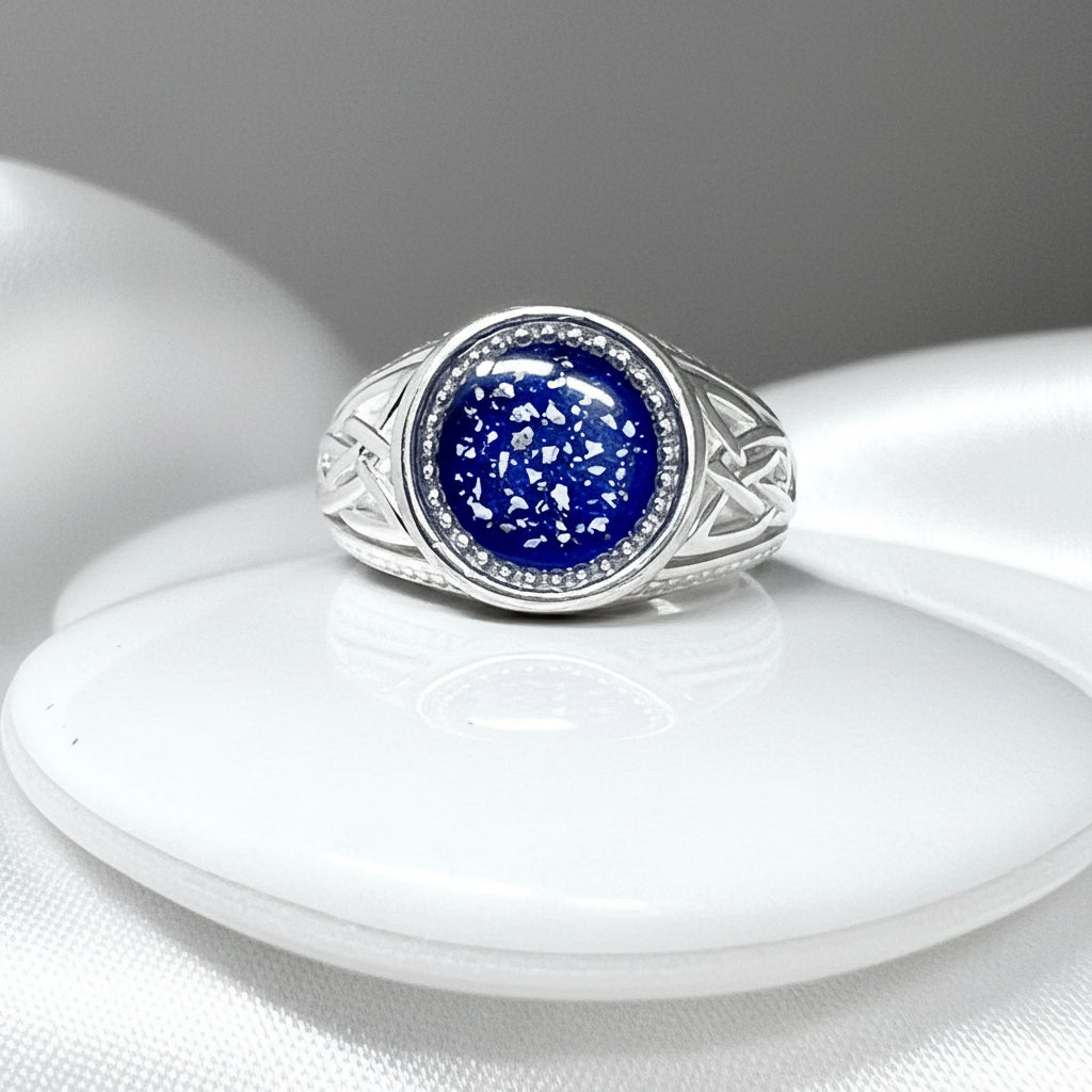 Mens Celtic Round Memorial Ashes Ring made in sapphire blue resin - Nicky Robin Memorial Jewellery