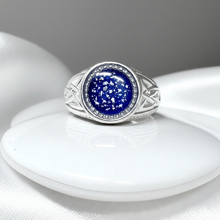 Mens Celtic Round Memorial Ashes Ring made in sapphire blue resin - Nicky Robin Memorial Jewellery