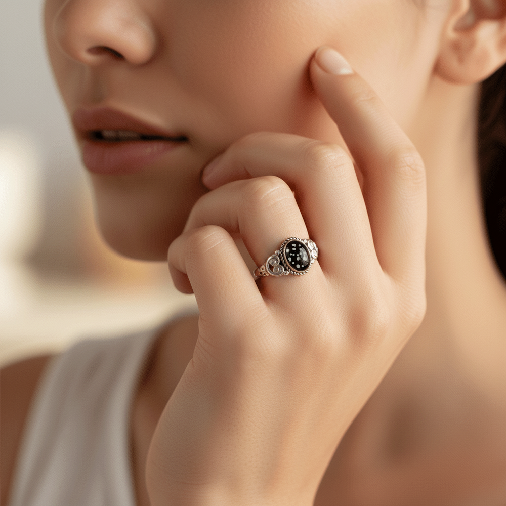 Model Wears Oval Filigree Heart Memorial Ashes Ring made in black resin - Nicky Robin Memorial Jewellery