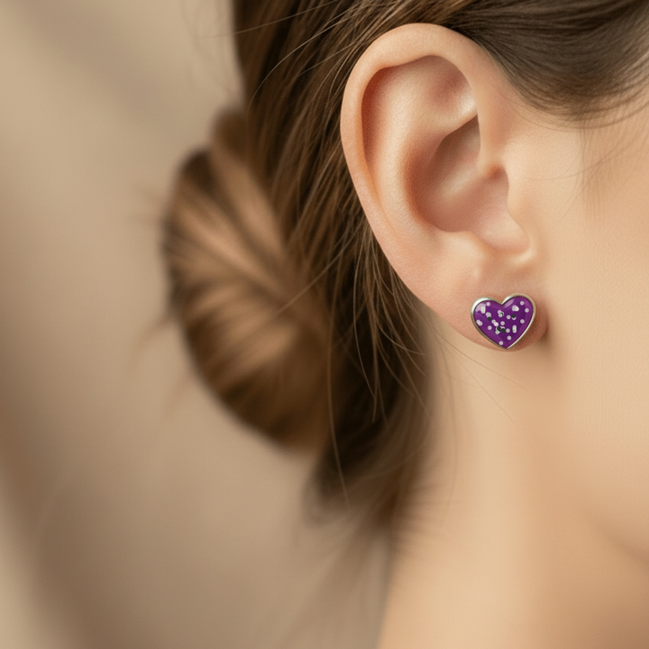Model Wears True Heart Memorial Ashes Earrings - Nicky Robin Memorial Jewellery
