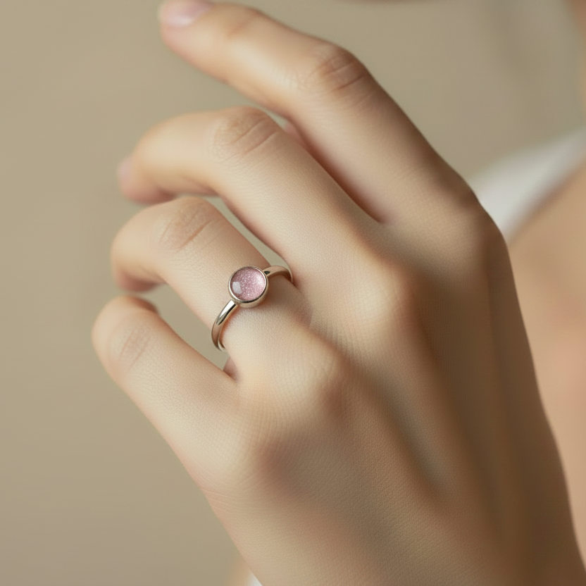 model wears round memorial ashes ring in pink