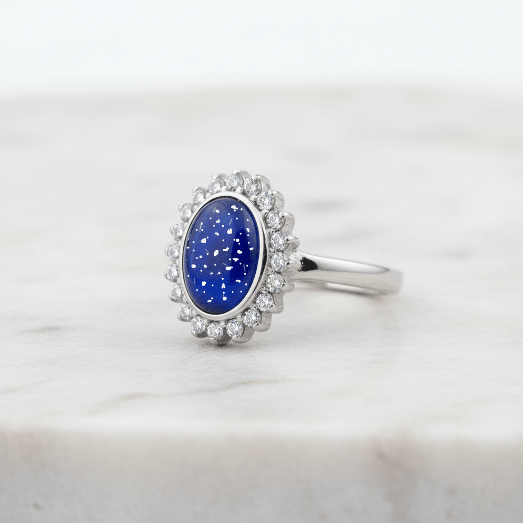 Oval Crystal Halo Memorial Ashes Ring - Nicky Robin Memorial Jewellery