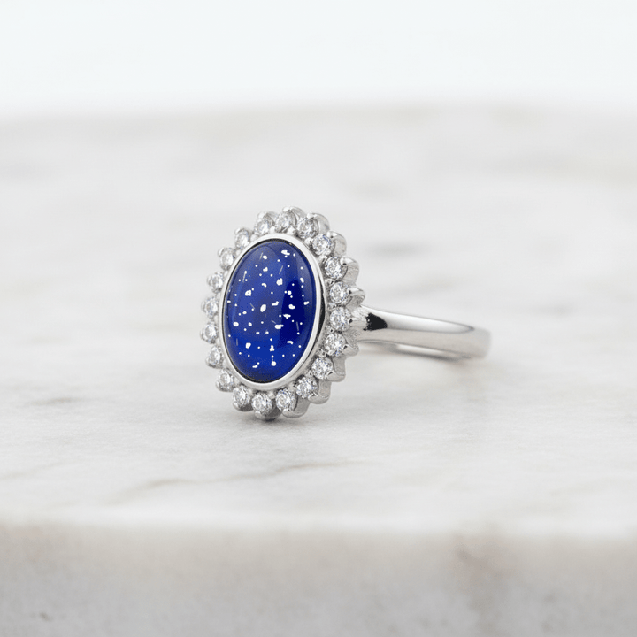 Oval Crystal Halo Memorial Ashes Ring - Nicky Robin Memorial Jewellery
