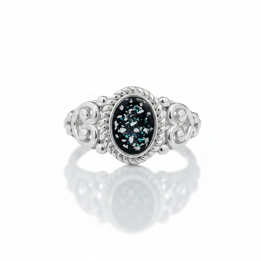 Oval Filigree Heart Memorial Ashes Ring made in black resin - Nicky Robin Memorial Jewellery