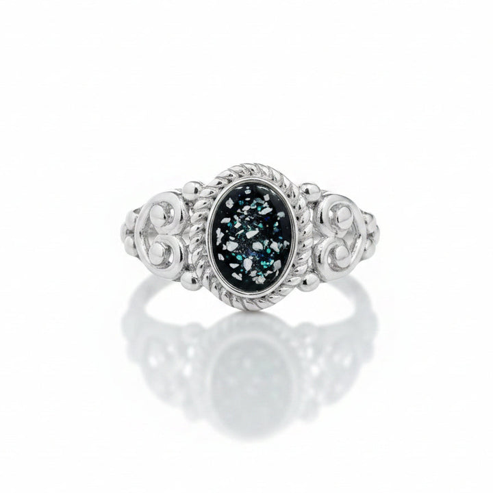 Oval Filigree Heart Memorial Ashes Ring made in black resin - Nicky Robin Memorial Jewellery