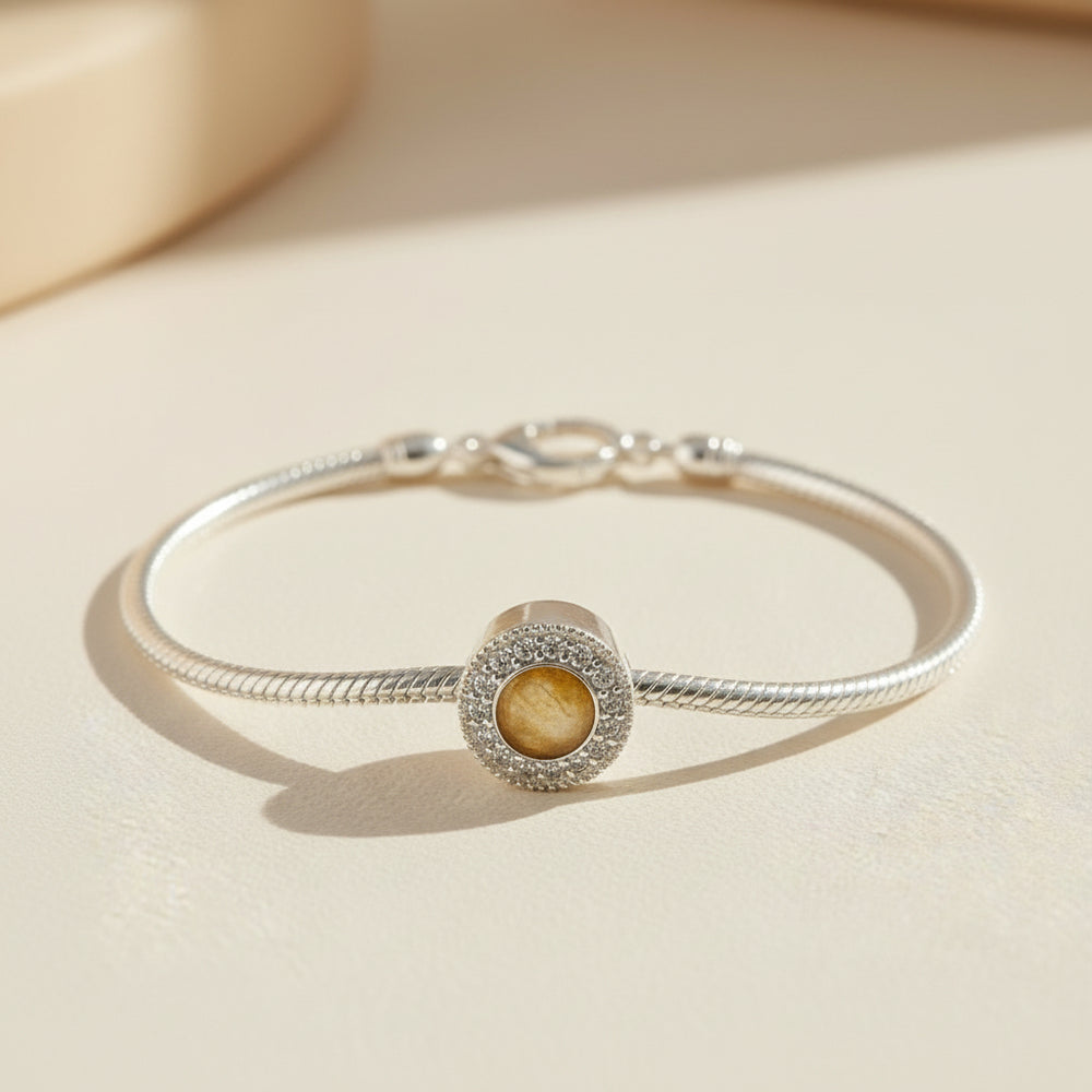 Round Crystal Memorial Charm Bead example on a snake chain - Nicky Robin Memorial Jewellery