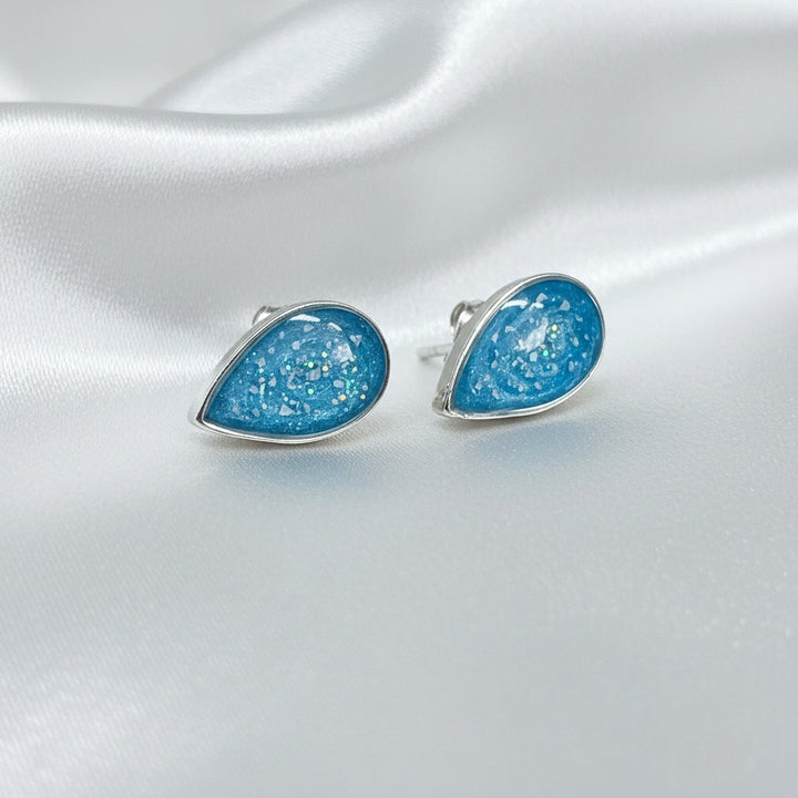 Teardrop Memorial Ashes Earrings made in aqua blue resin - Nicky Robin Memorial Jewellery