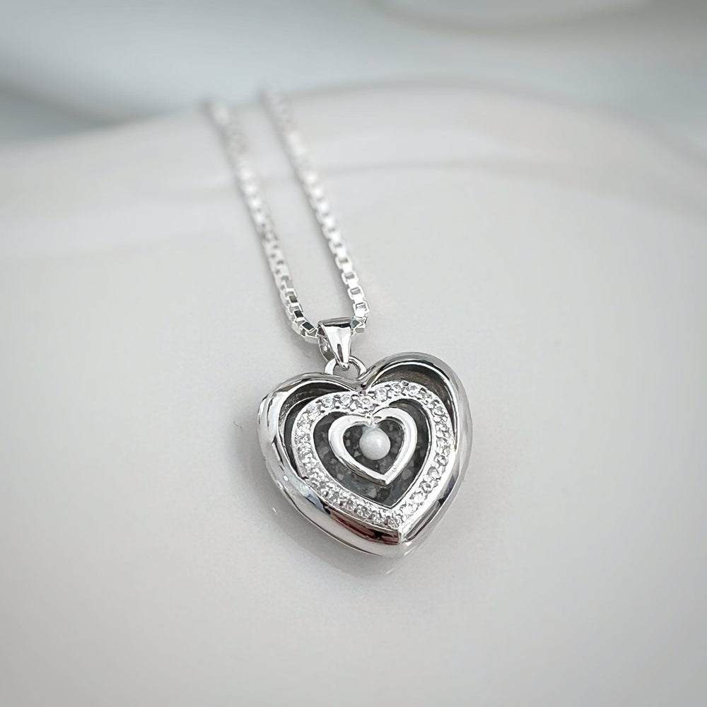 Triple Heart Ashes Locket with Crystals & Pearl - Nicky Robin Memorial Jewellery