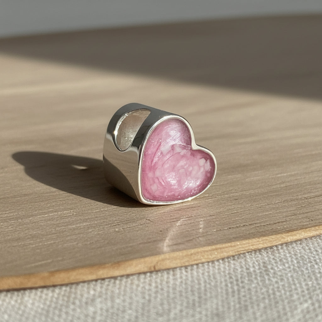 True Heart Memorial Ashes Charm Bead example display- Nicky Robin Memorial Jewellery