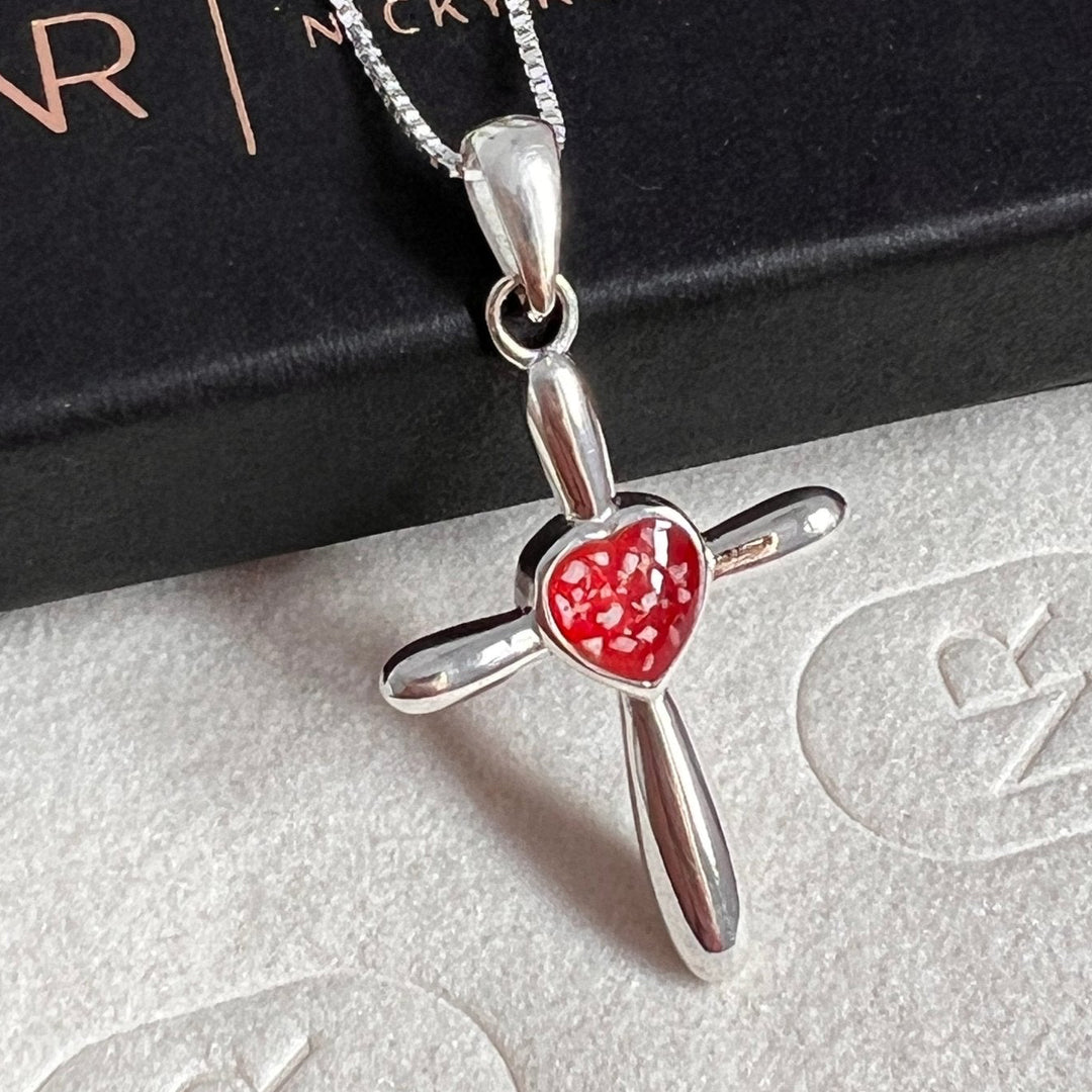 Heart cross ashes necklace on a Nicky Robin Memorial Jewelery box