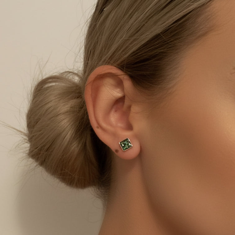 Model wears square ashes memorial earrings