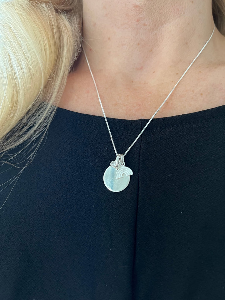 Engraved Circle Paw Print Necklace with Rainbow Charm - Nicky Robin Memorial Jewellery