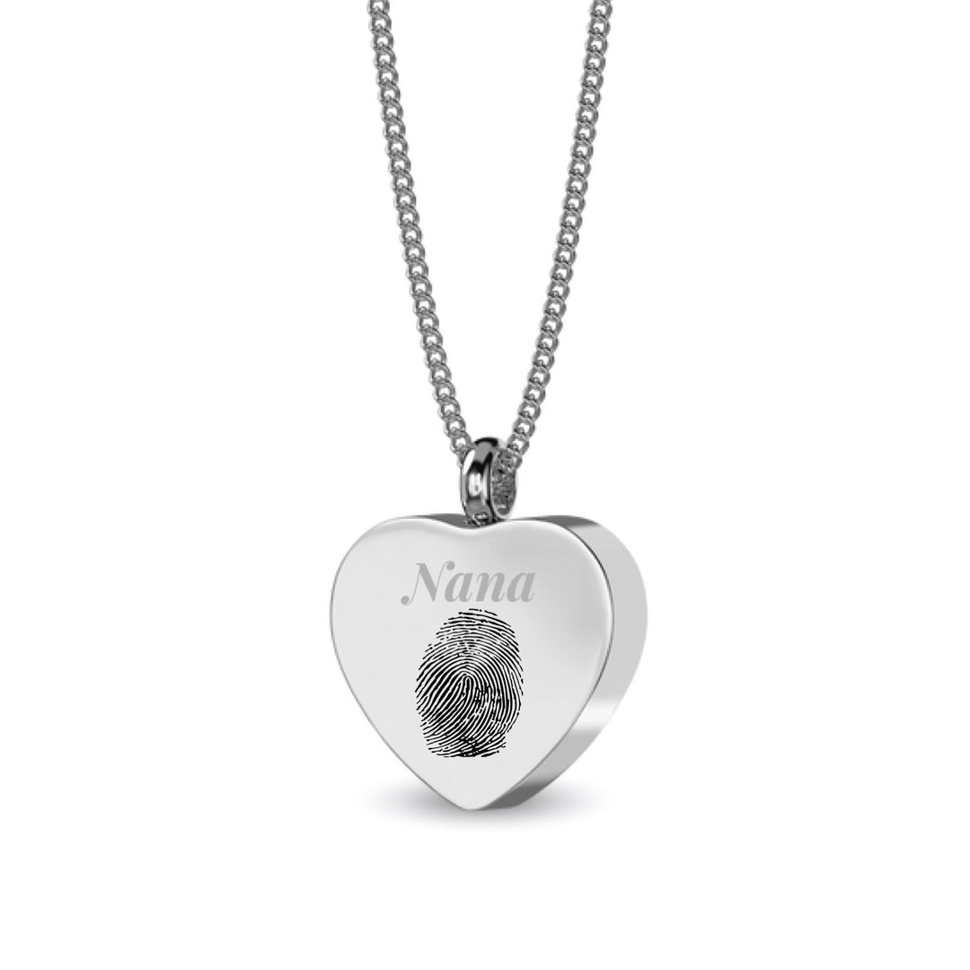 Engraved Fingerprint Heart Design Self Fill Ashes Urn Necklace - Nicky Robin Memorial Jewellery