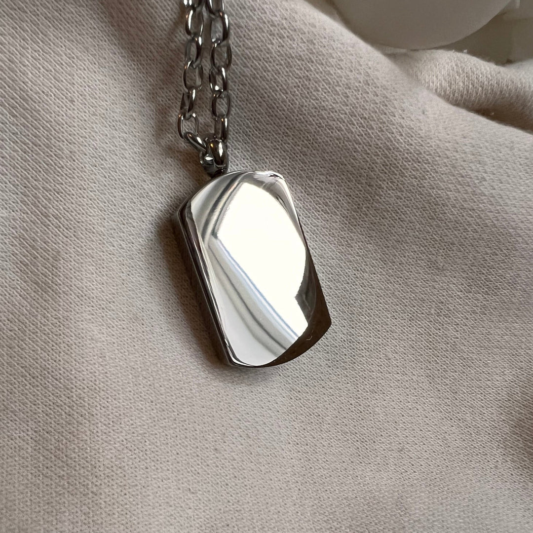 Polished Steel Engraved Handprint Footprint Self Fill Ashes Necklace - Tag Design - Nicky Robin Memorial Jewellery