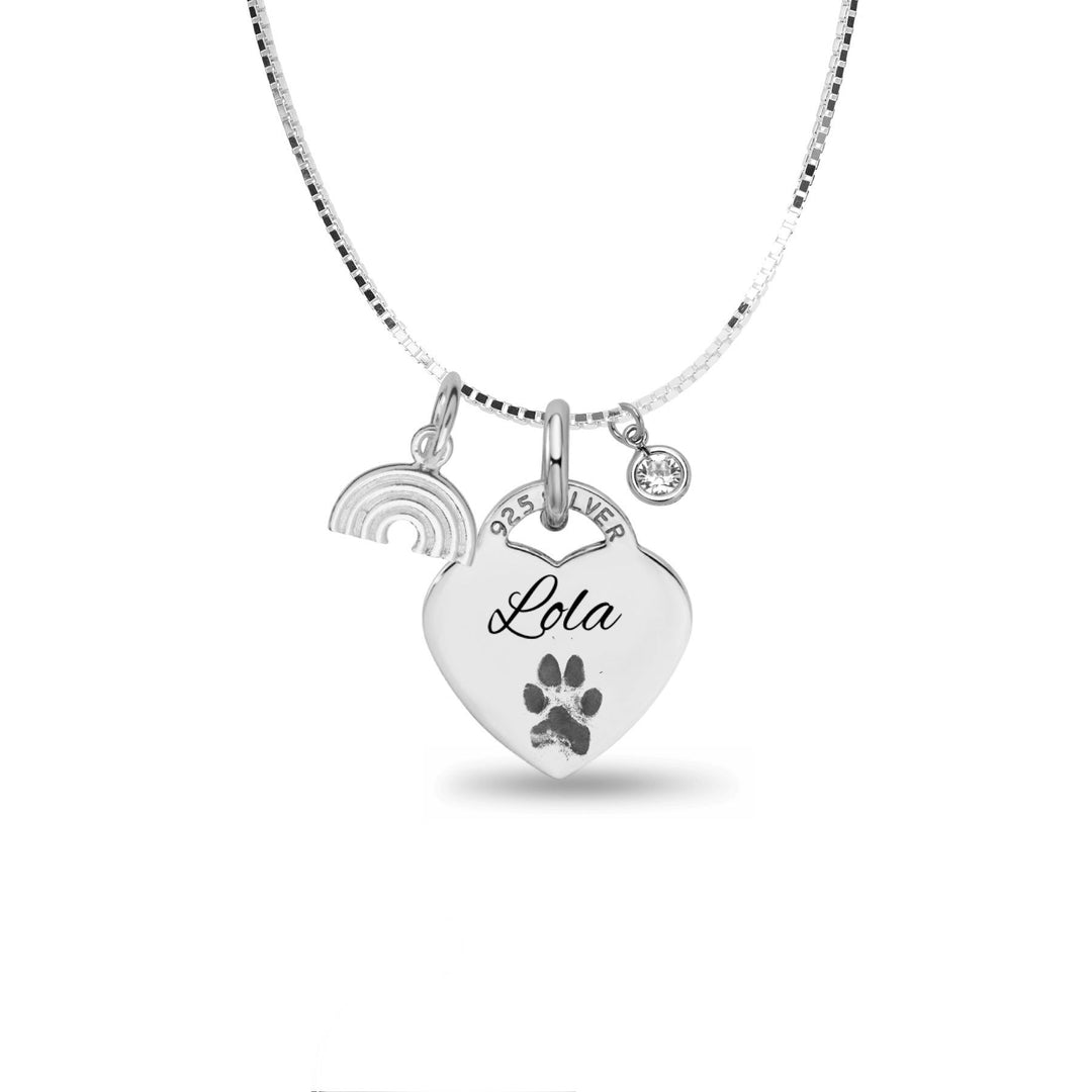 Engraved Heart Paw Print Necklace with Rainbow Charm - Nicky Robin Memorial Jewellery