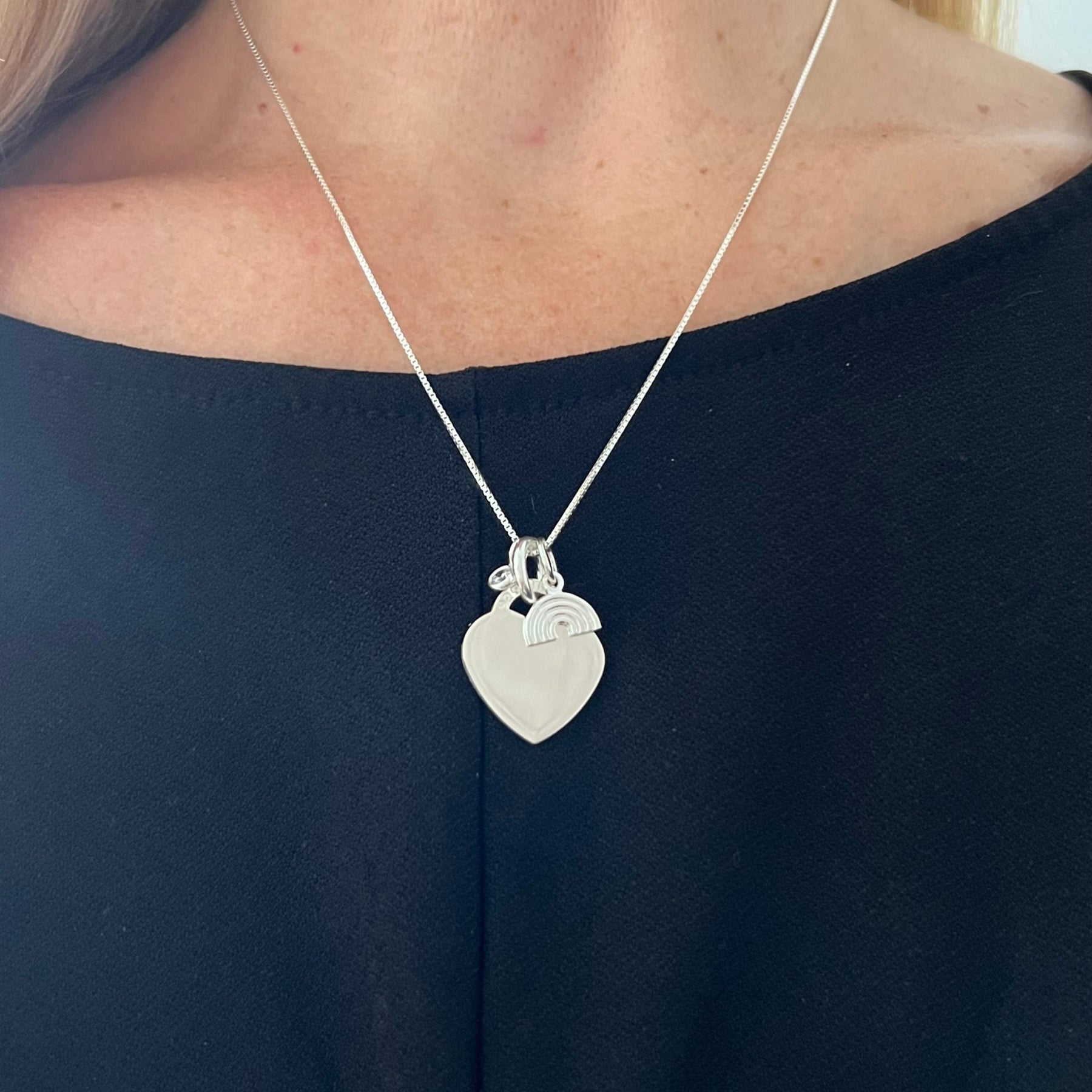 Engraved Heart Paw Print Necklace with Rainbow Charm