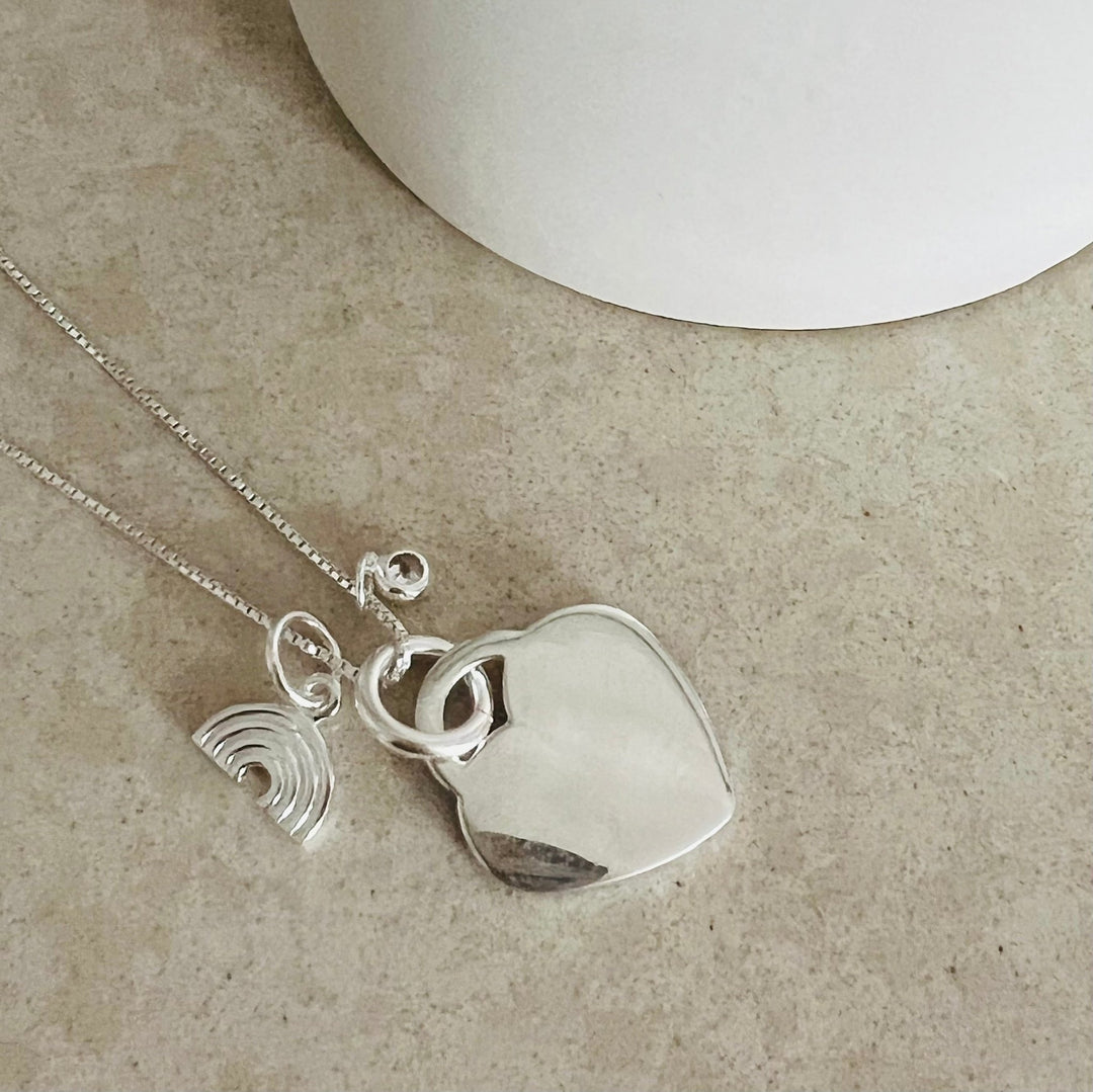 Engraved Heart Paw Print Necklace with Rainbow Charm - Nicky Robin Memorial Jewellery