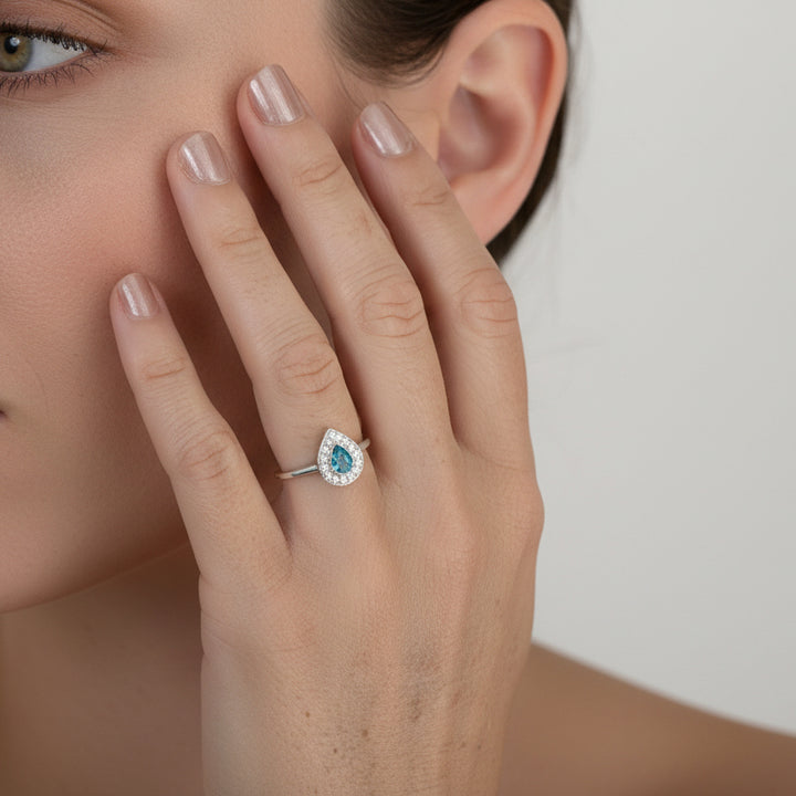 Wearing Halo Cubic Zirconia (CZ) Teardrop Ashes Ring - Nicky Robin Memorial Jewellery