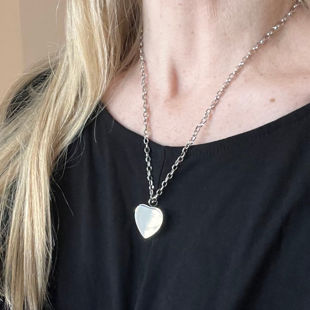 Model Wearing Heart Engraved Handprint Footprint Ashes Necklace - One Print & Name - Nicky Robin Memorial Jewellery