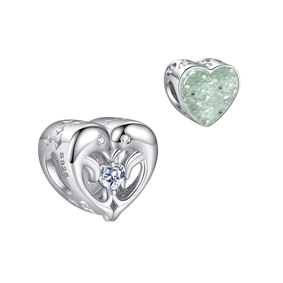 Kissing Dolphins Crystal Heart Memorial Ashes Charm Bead - Nicky Robin Memorial Jewellery