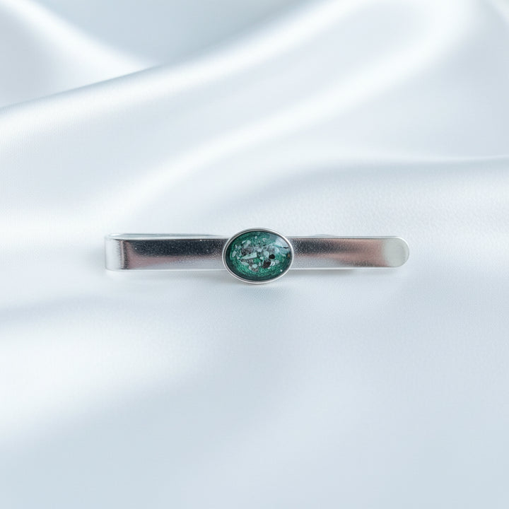 Mens Oval Memorial Ashes Tie Slide made in green resin - Nicky Robin Memorial Jewellery