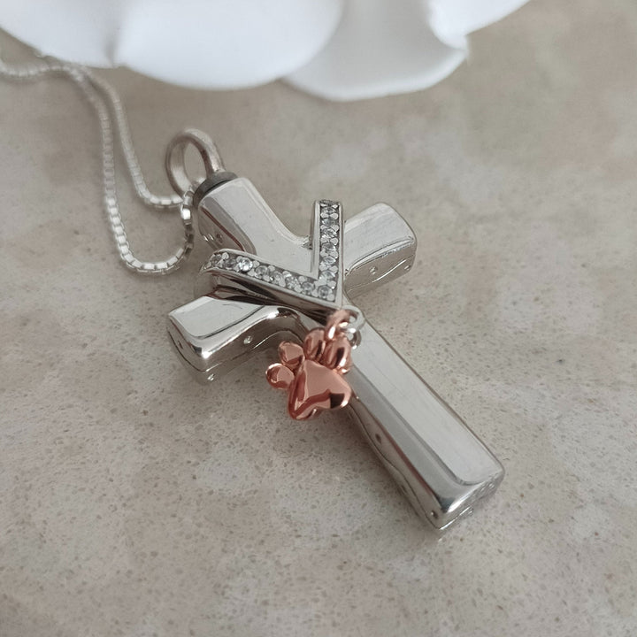 Self Fill Memorial Ashes Cross Necklace with Paw Charm and Crystals - Nicky Robin Memorial Jewellery