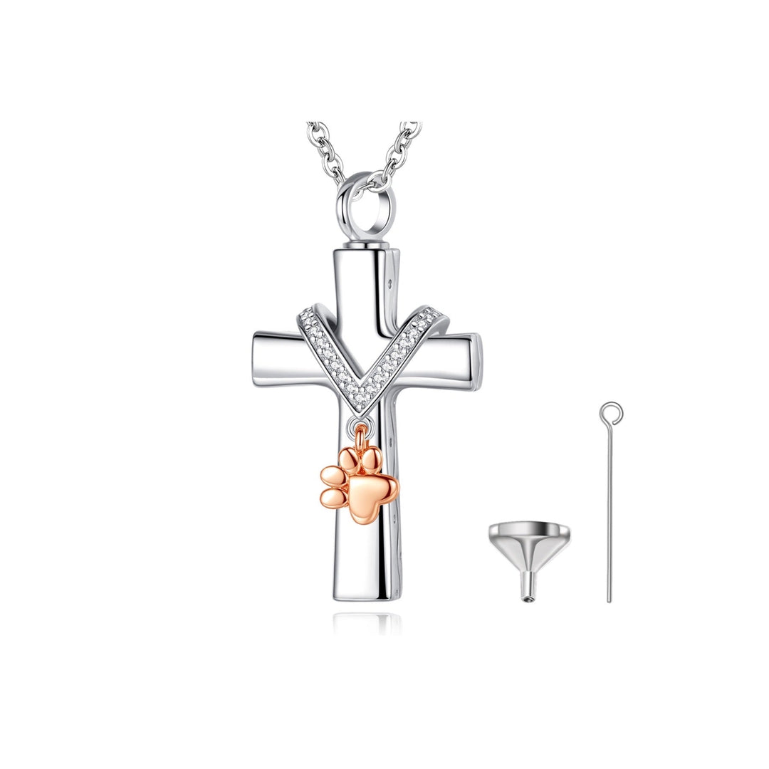 Self Fill Memorial Ashes Cross Necklace with Paw Charm and Crystals - Nicky Robin Memorial Jewellery