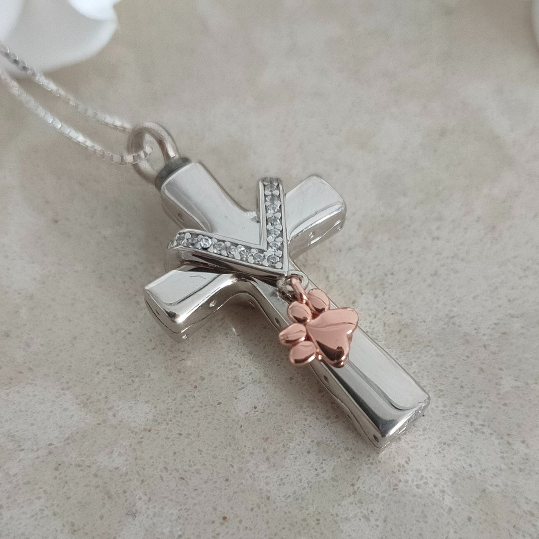 Self Fill Memorial Ashes Cross Necklace with Paw Charm and Crystals - Nicky Robin Memorial Jewellery