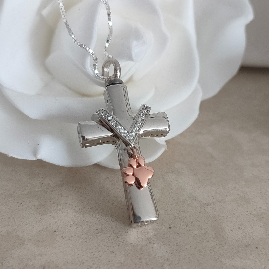 Self Fill Memorial Ashes Cross Necklace with Paw Charm and Crystals - Nicky Robin Memorial Jewellery
